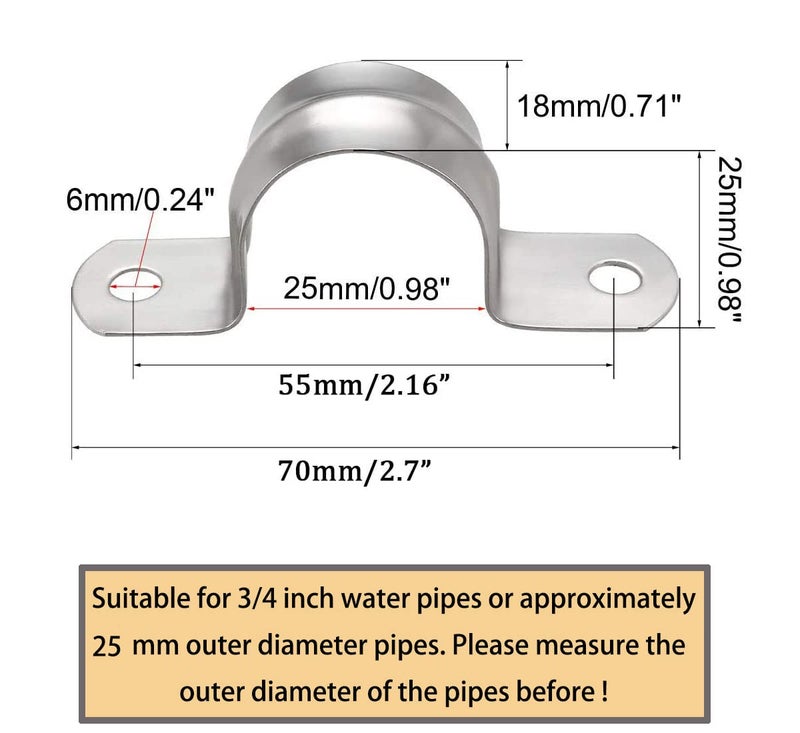 ZLYY 3/4inch Two Hole Strap U Bracket Stainless Steel Tube Strap Tension Clip Assortment Kit Heavy Duty Rigid Pipe Strap Clamp For The Inner Diameter of Water Pipe is 3/4inch 20Pcs (25mm) - Image 2
